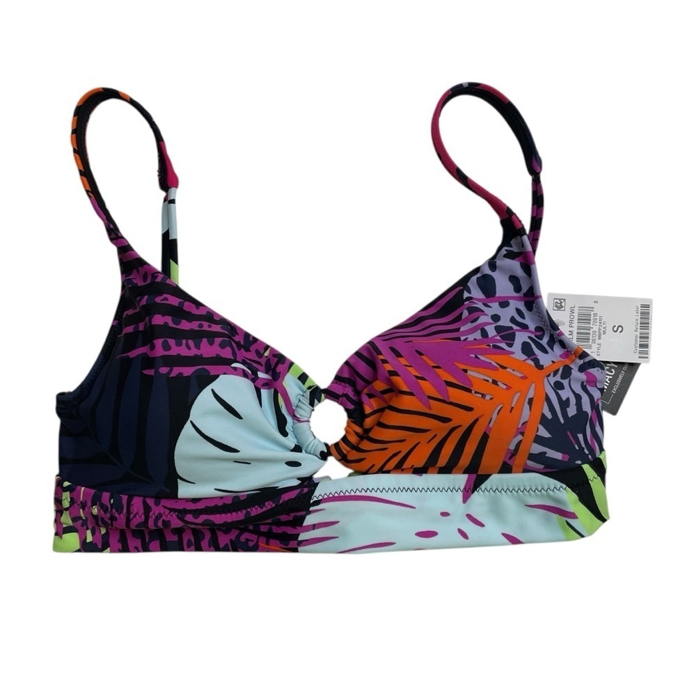 Bar III Palm Prowl O-Ring Bikini Top Black Animal Leaf Print Small New